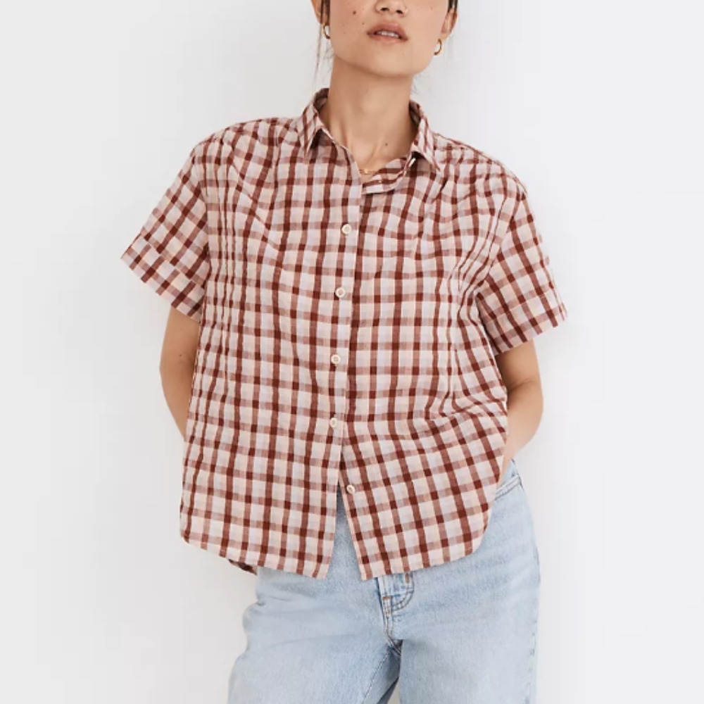 Madewell Baybrook plaid seersucker short sleeves cotton button front shirt